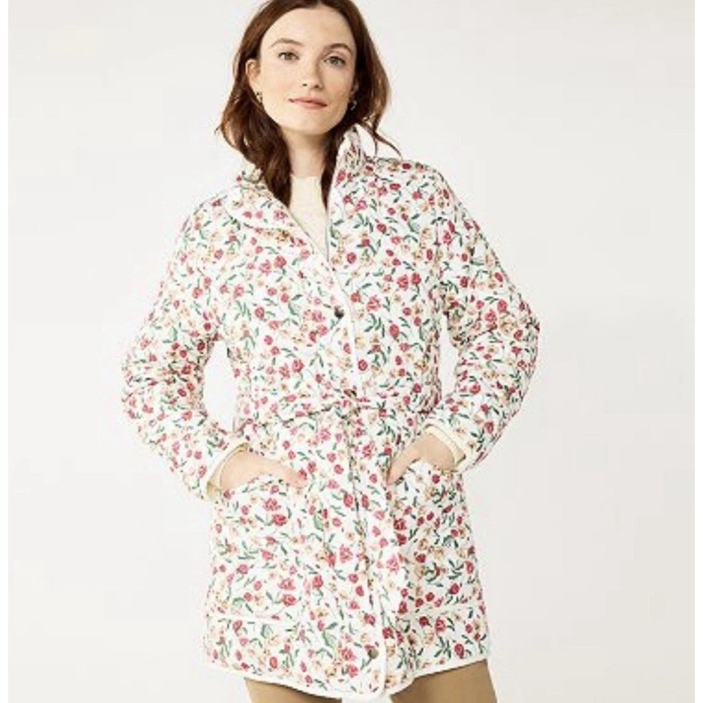 Draper James White Quilted Floral Jacket with Pink & Green Print